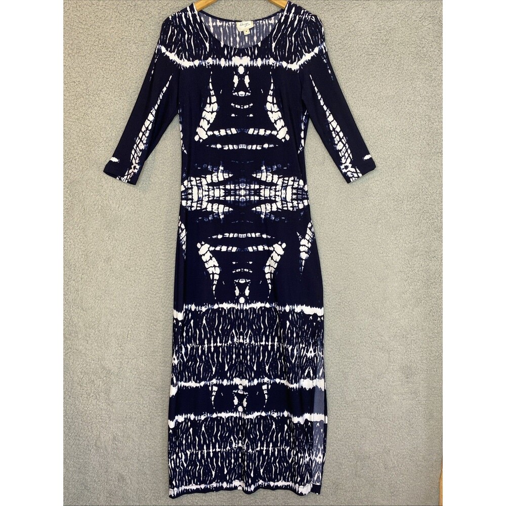 Beige by ECI Maxi Beach Blue White Boho Stretch Beach Dress Sz M Stretch Tie Dye